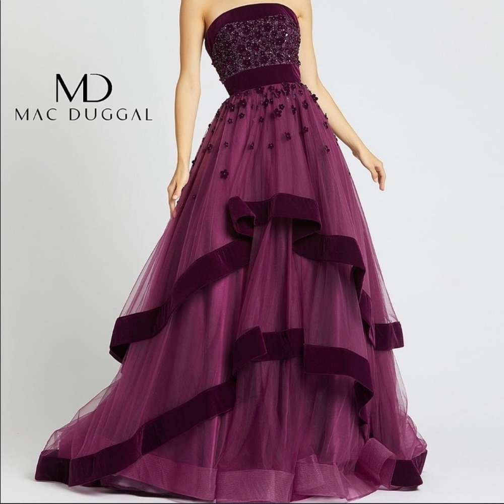 Mac Duggal Layered Skirt Strapless Dress in Plum